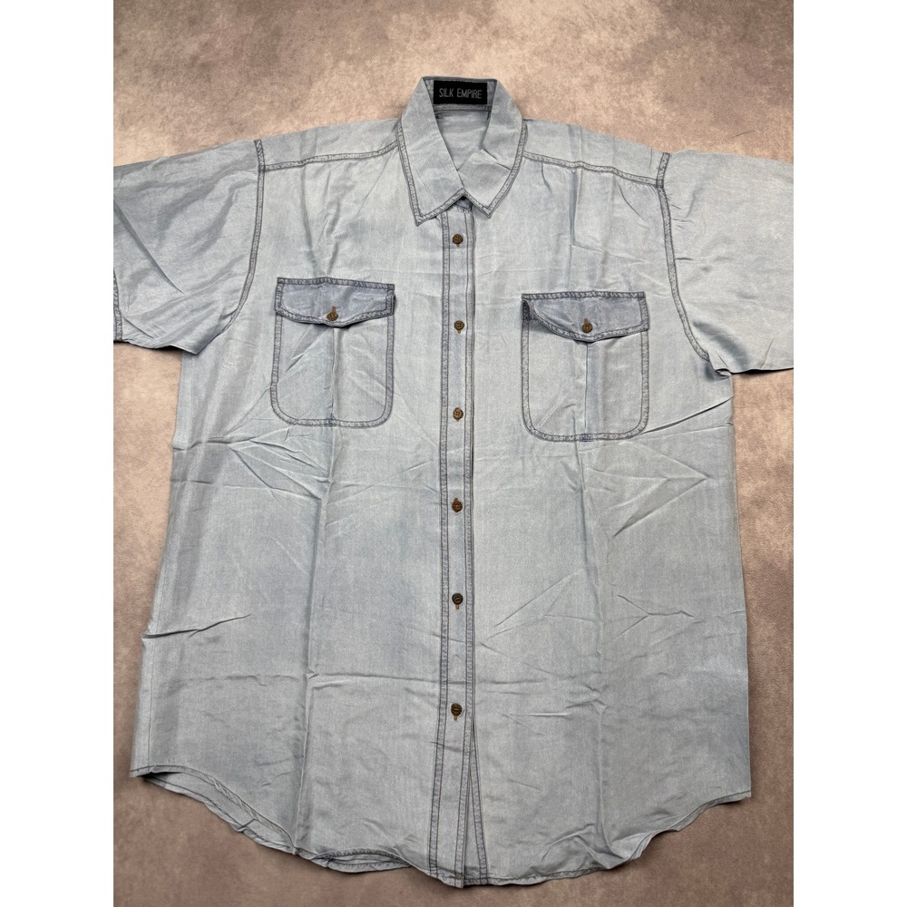 Silk Empire Men L Light Blue 100% Silk Short Sleeve Button Down Shirt Denim Look